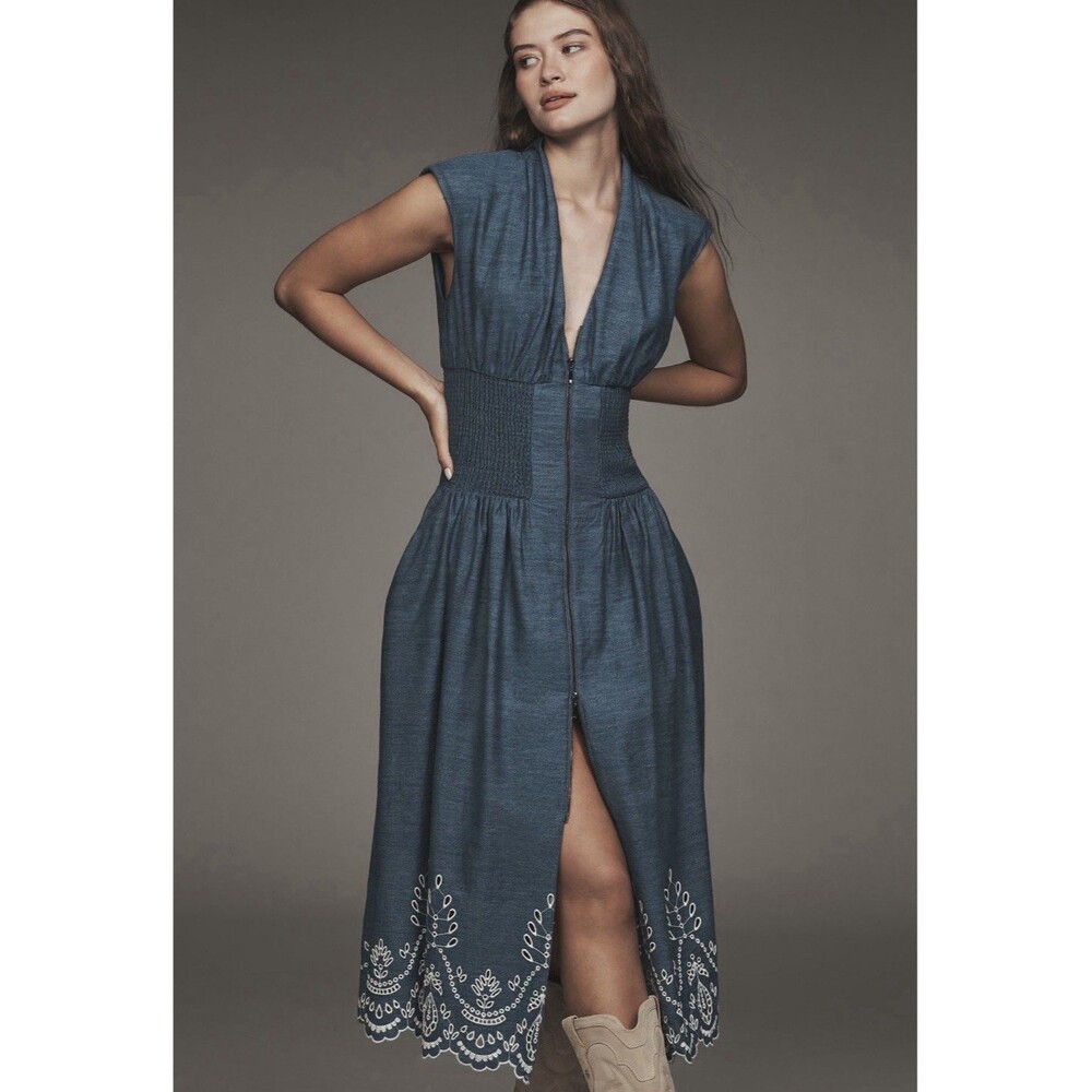 Anthropologie Midi Dress Tommie Denim Eyelet Trim Preppy Vacay Boho Size XS NWT